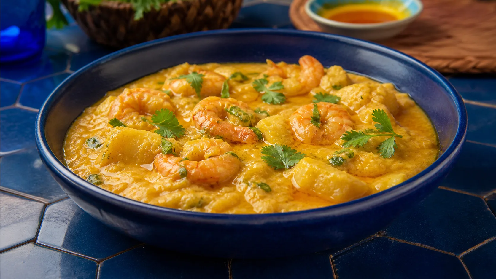 Bobó De Camarão servido pronto em apresentação gastronômica profissional.