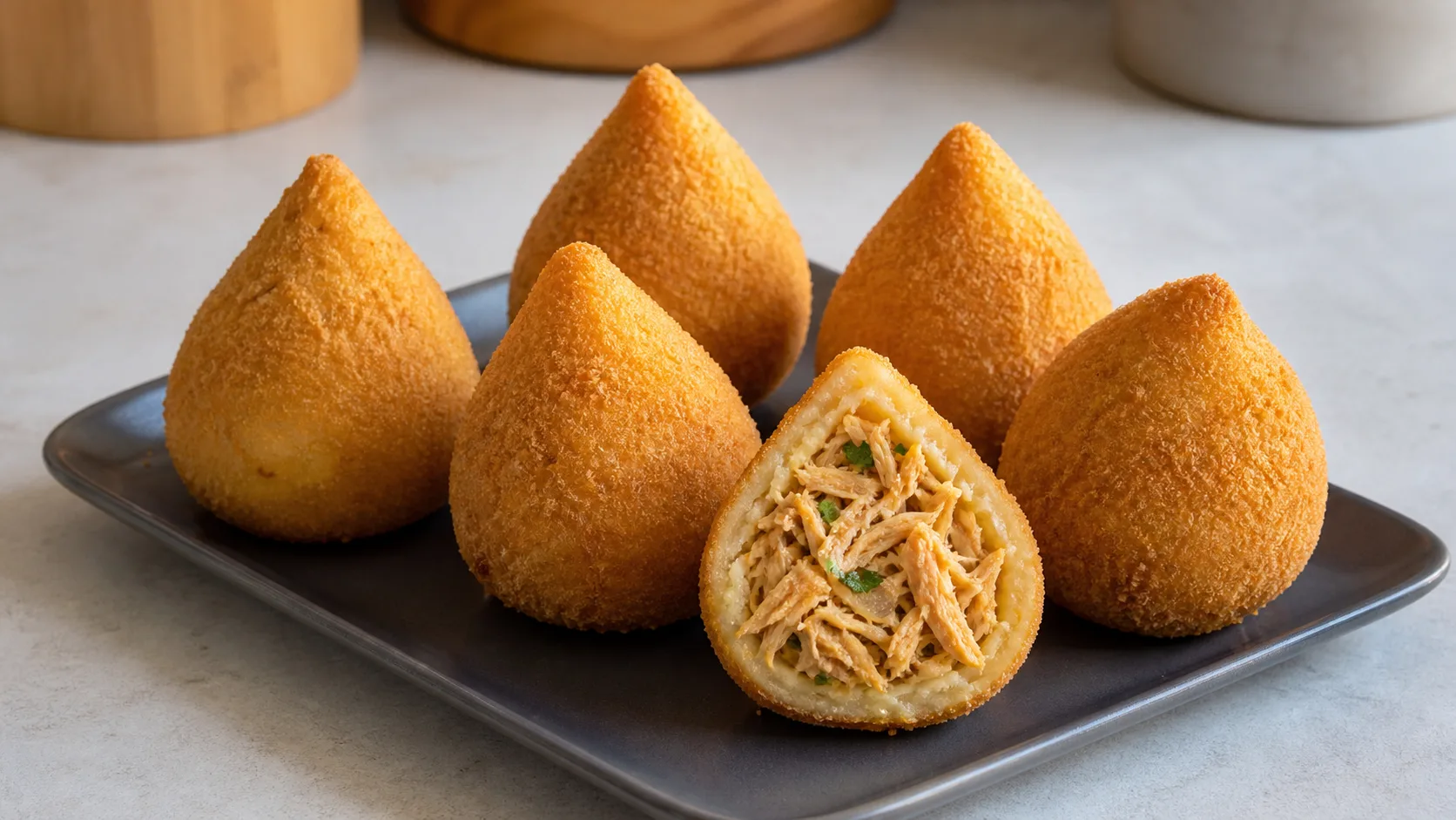 Coxinhas de galinha caseiras douradas e crocantes com recheio cremoso de frango e ervas.
