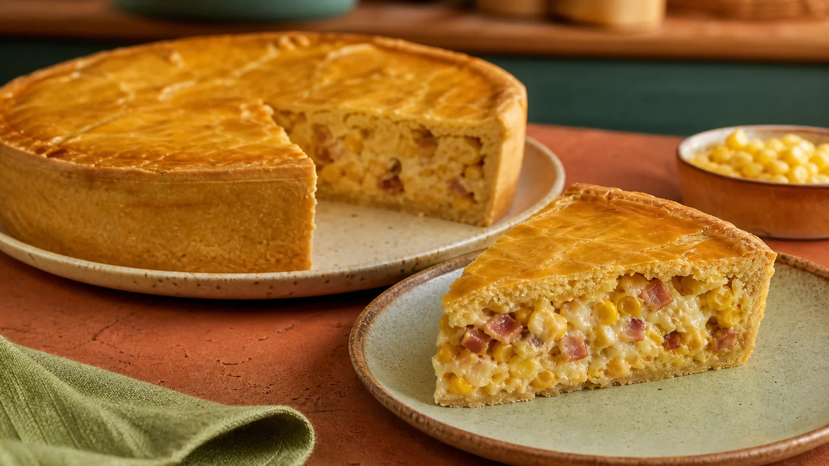 Empadão De Milho E Requeijão servido pronto em apresentação gastronômica profissional.