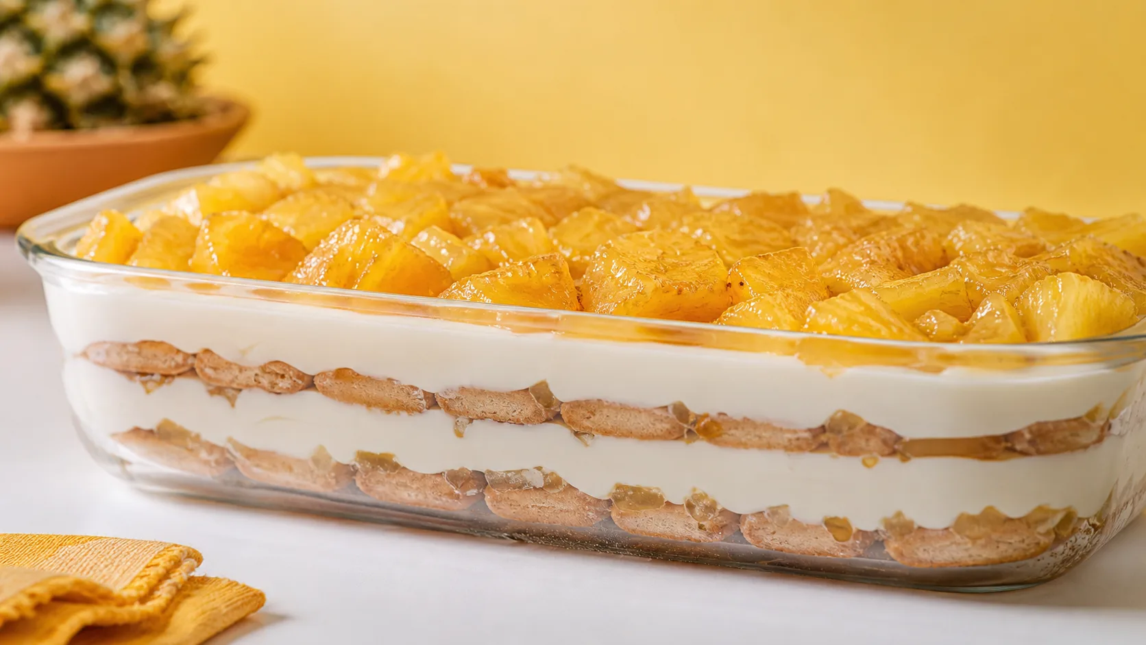 Pavê De Abacaxi servido pronto em apresentação gastronômica profissional.