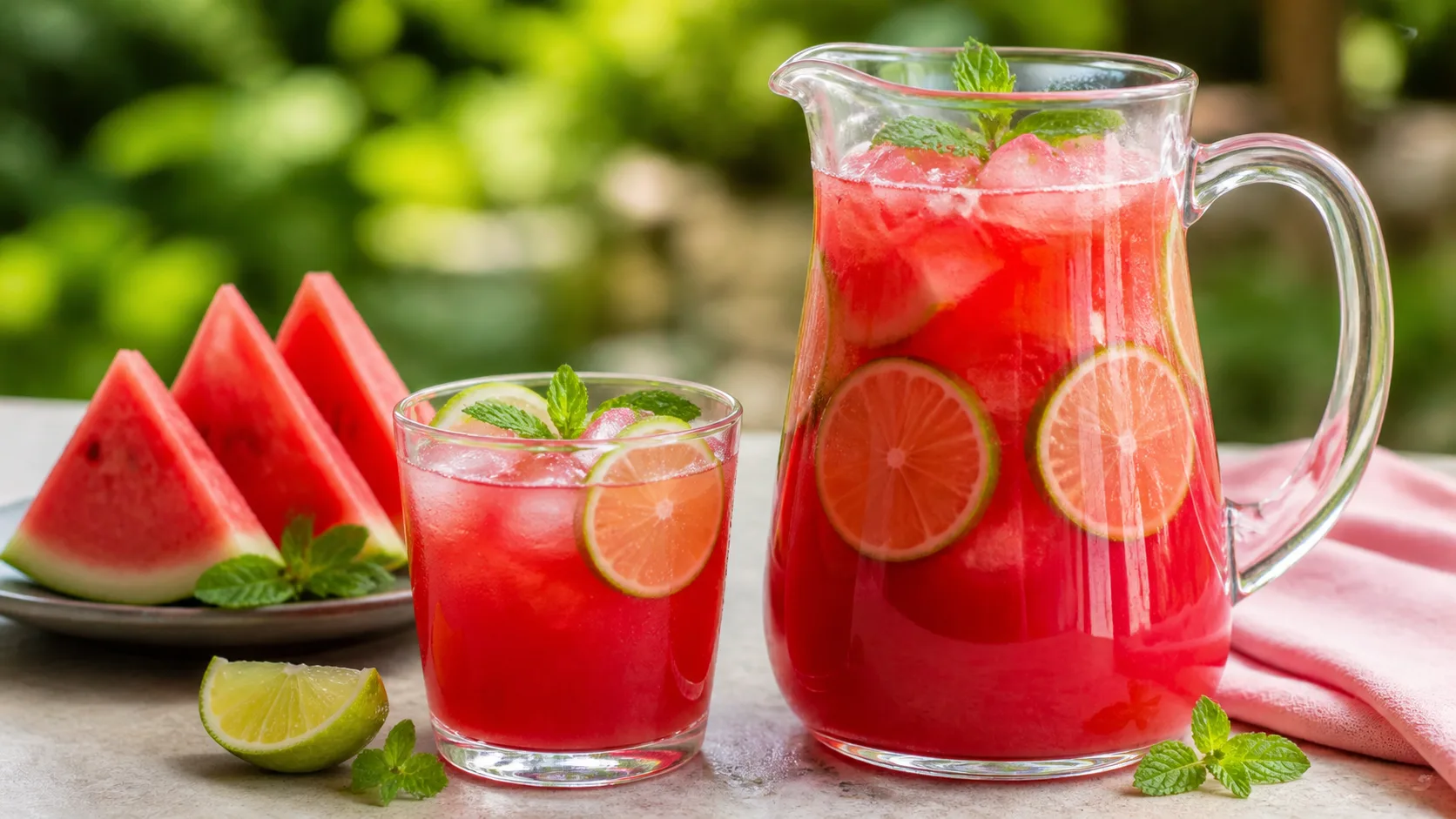 Refresco De Melancia servido pronto em apresentação gastronômica profissional.