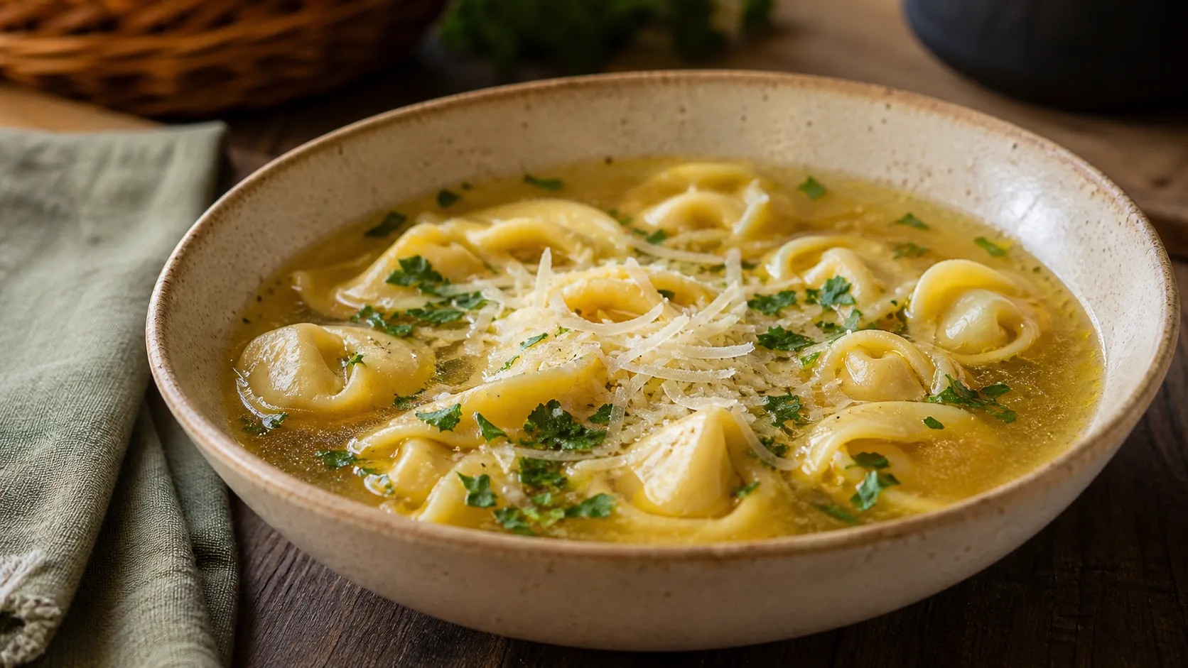 Sopa De Capeletti servido pronto em apresentação gastronômica profissional.