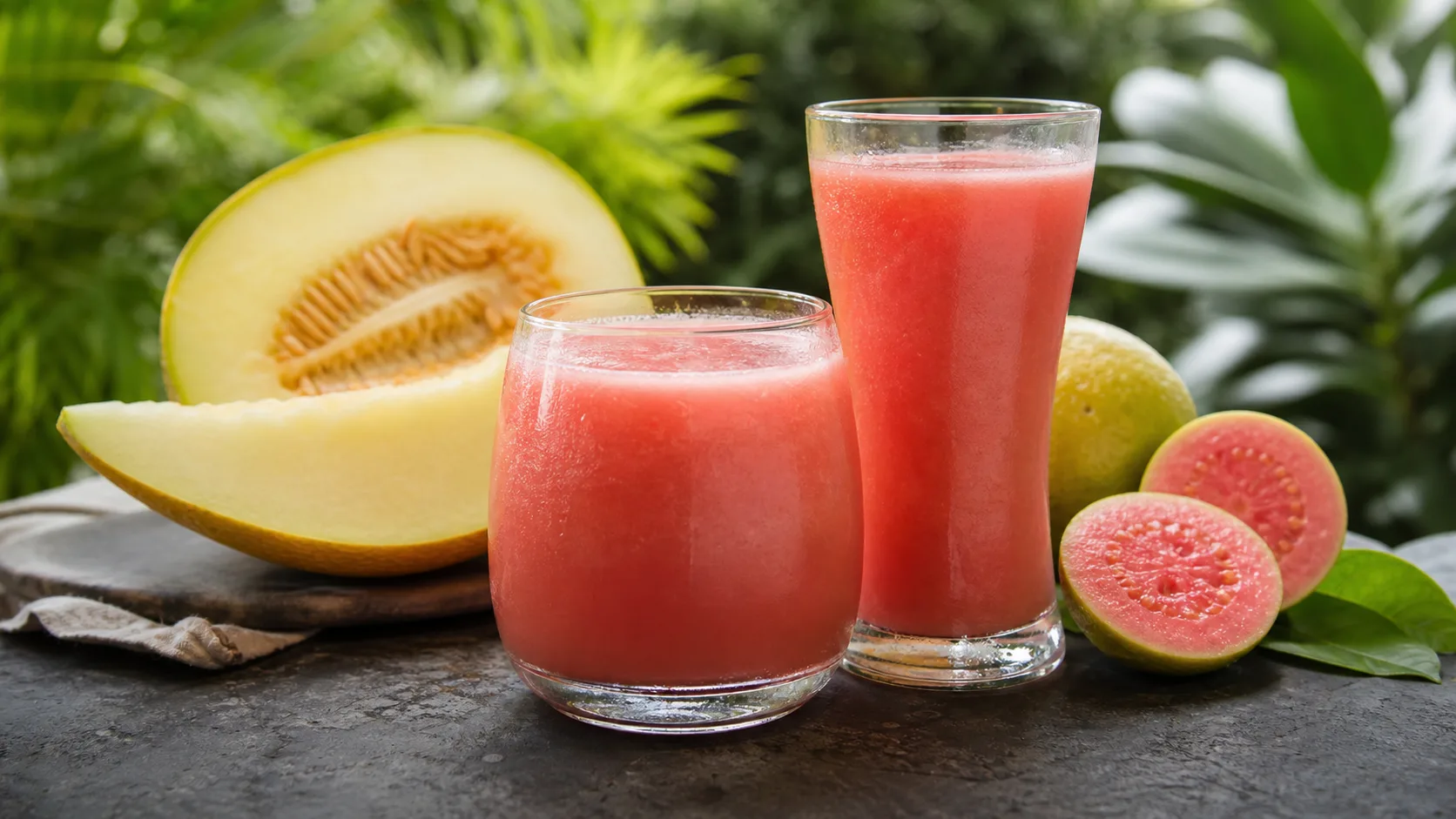 Suco De Melão E Goiaba servido pronto em apresentação gastronômica profissional.