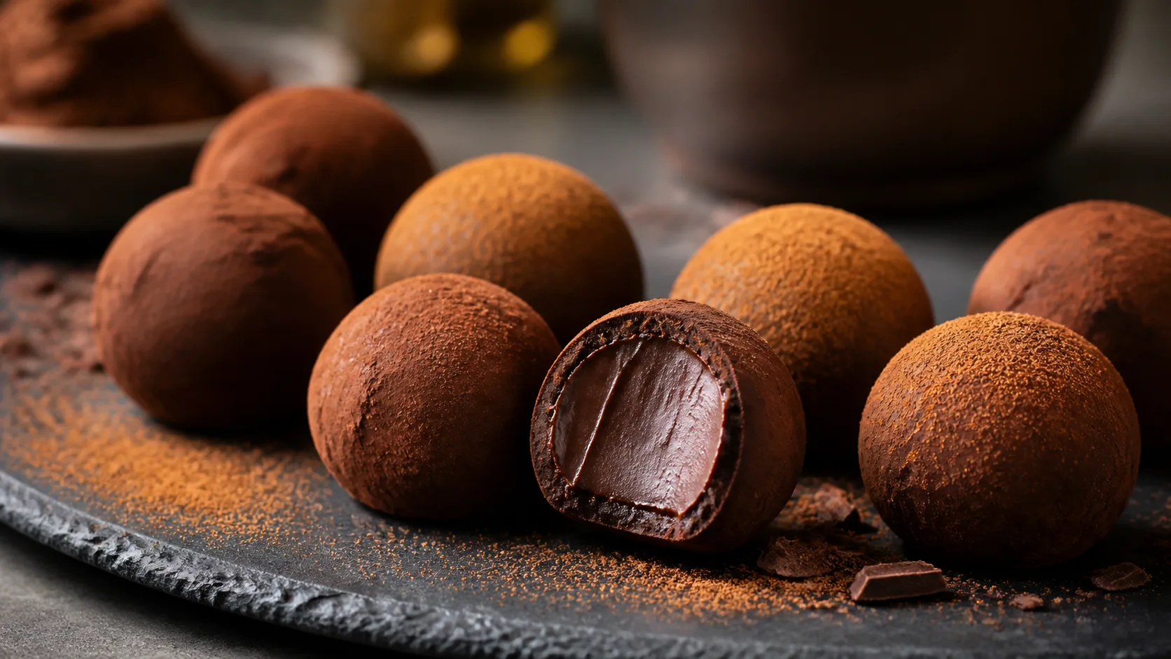 Trufas De Chocolate servido pronto em apresentação gastronômica profissional.